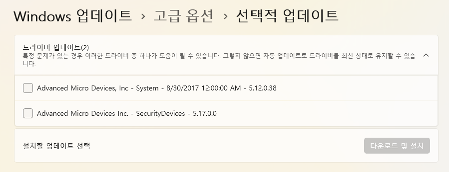 윈도우 11 선택적 업데이트 그래픽 드라이버 설치