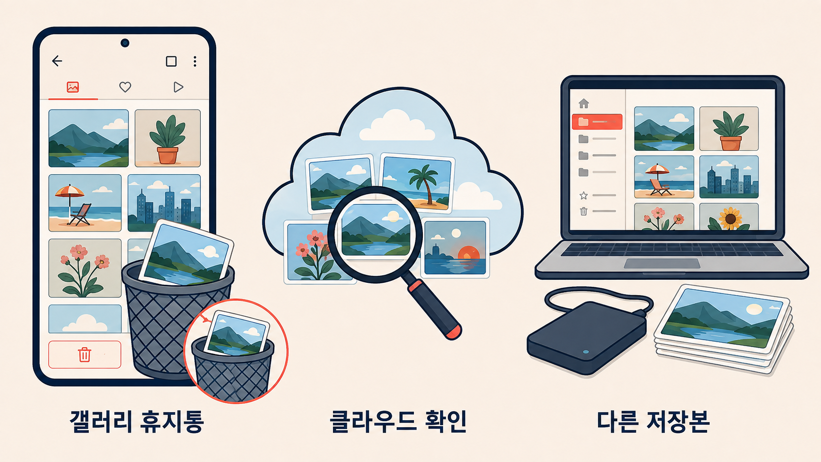 갤럭시 사진 복구를 위해 휴지통과 클라우드 및 다른 저장본 확인